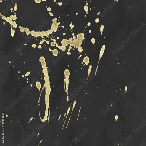 Luxury gold and white metal paint splatter effect on watercolor paper background. Gold glitter splash texture. Beautiful feminine backdrop.