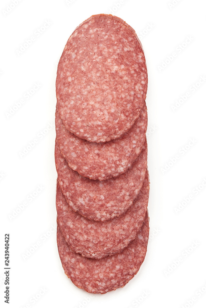 Sliced Salami Sausage, top view, isolated on a white background
