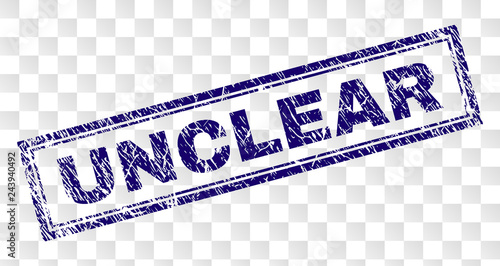 UNCLEAR stamp seal imprint with rubber print style and double framed rectangle shape. Stamp is placed on a transparent background. Blue vector rubber print of UNCLEAR label with dirty texture.