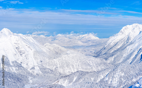 Wide panoramic view of winter landscape with snow covered Alps in Seefeld in the Austrian state of Tyrol. Winter in Austria