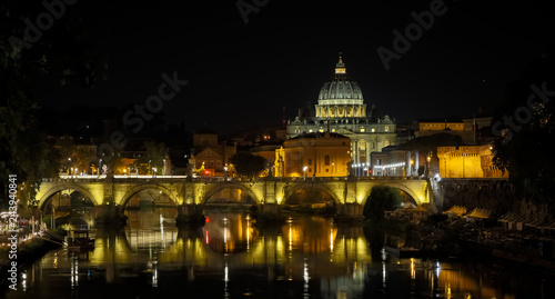 Vatican City: Saint Peter with bridge reflection by night