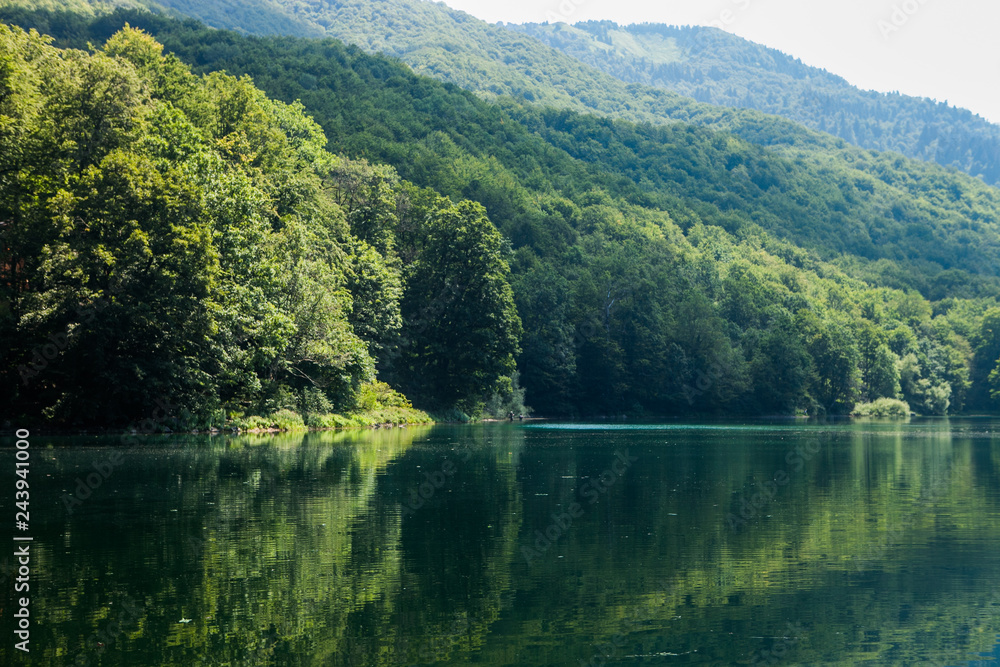 View of Biogradsko lake in National park Biogradska gora in Montenegro. popular touristic destination with virgin forests and beautiful mountains.