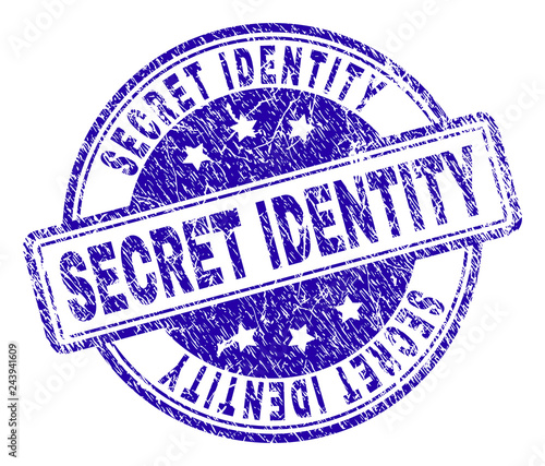 SECRET IDENTITY stamp seal imprint with grunge texture. Designed with rounded rectangles and circles. Blue vector rubber print of SECRET IDENTITY title with corroded texture.