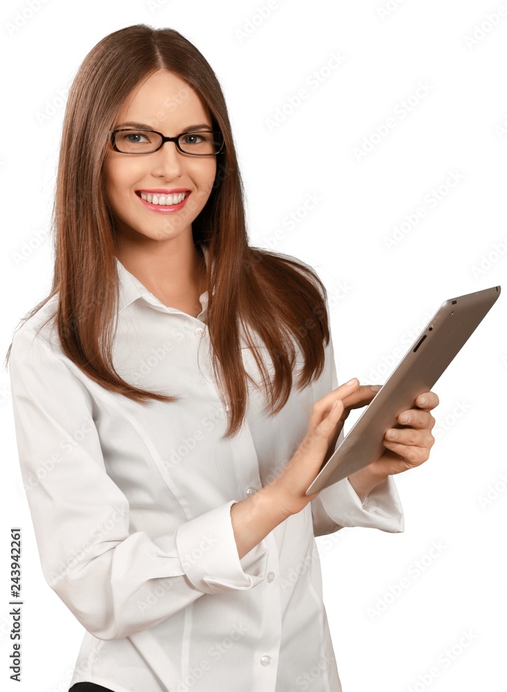 Woman with Glasses Using Tablet - Isolated Woman with Glasses Using Tablet - Isolated