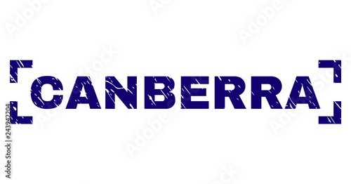CANBERRA text seal watermark with corroded texture. Text tag is placed between corners. Blue vector rubber print of CANBERRA with dust texture.