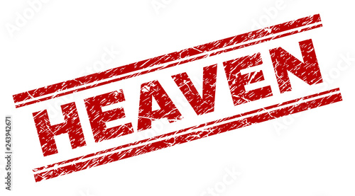 HEAVEN seal print with grunge texture. Red vector rubber print of HEAVEN tag with unclean texture. Text title is placed between double parallel lines.