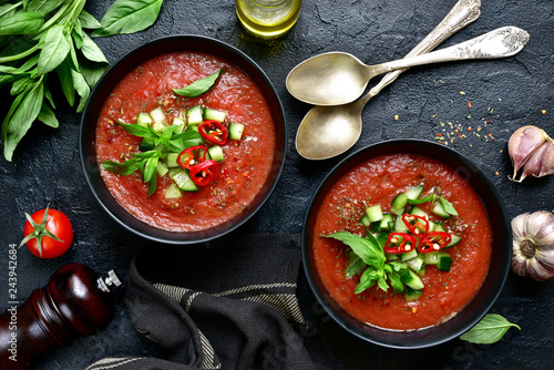 Traditional spanish cold tomato soup.Top view with copy space. photo