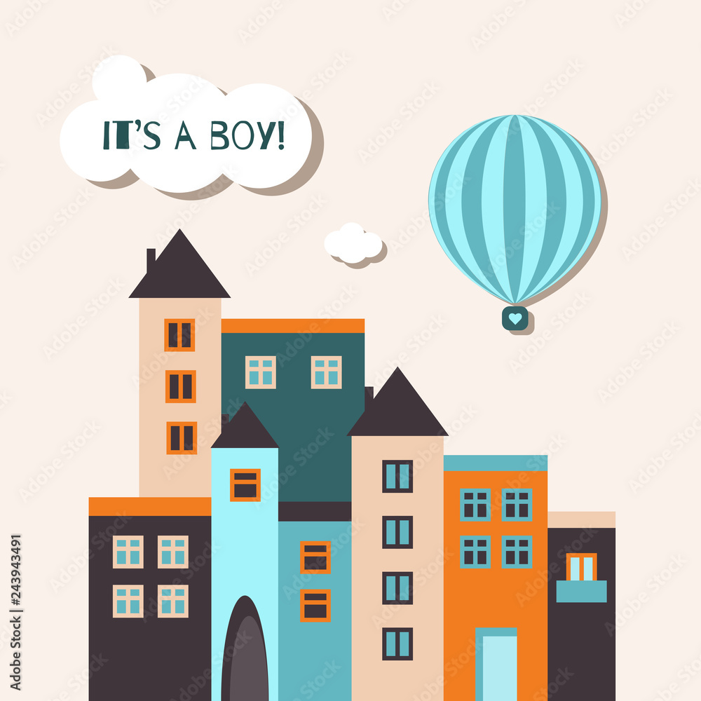 It's A Boy Baby Shower Card With Colorful Buildings And Blue Hot Air Balloon 