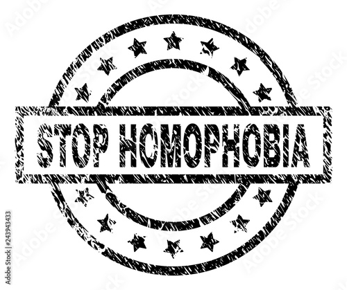 STOP HOMOPHOBIA stamp seal watermark with distress style. Designed with rectangle, circles and stars. Black vector rubber print of STOP HOMOPHOBIA title with dirty texture.