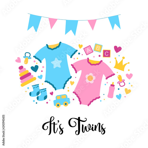 It is a Twins. Baby shower card Baby things. Vector hand drawn doodle illustration, cartoon flat style
