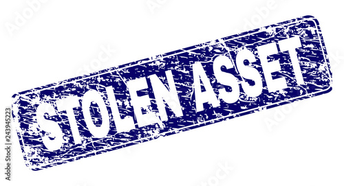 STOLEN ASSET stamp seal print with grunge style. Seal shape is a rounded rectangle with frame. Blue vector rubber print of STOLEN ASSET text with scratched style.