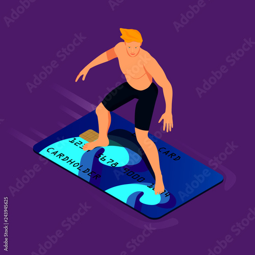 A handsome blond is surfing a bank card. Isometric young man with surf credit card.