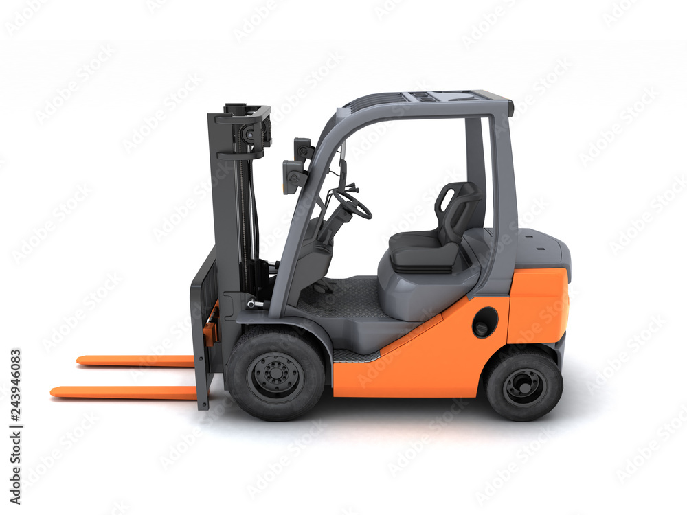 Left side Idle forklift isolated on white background. 3d render.