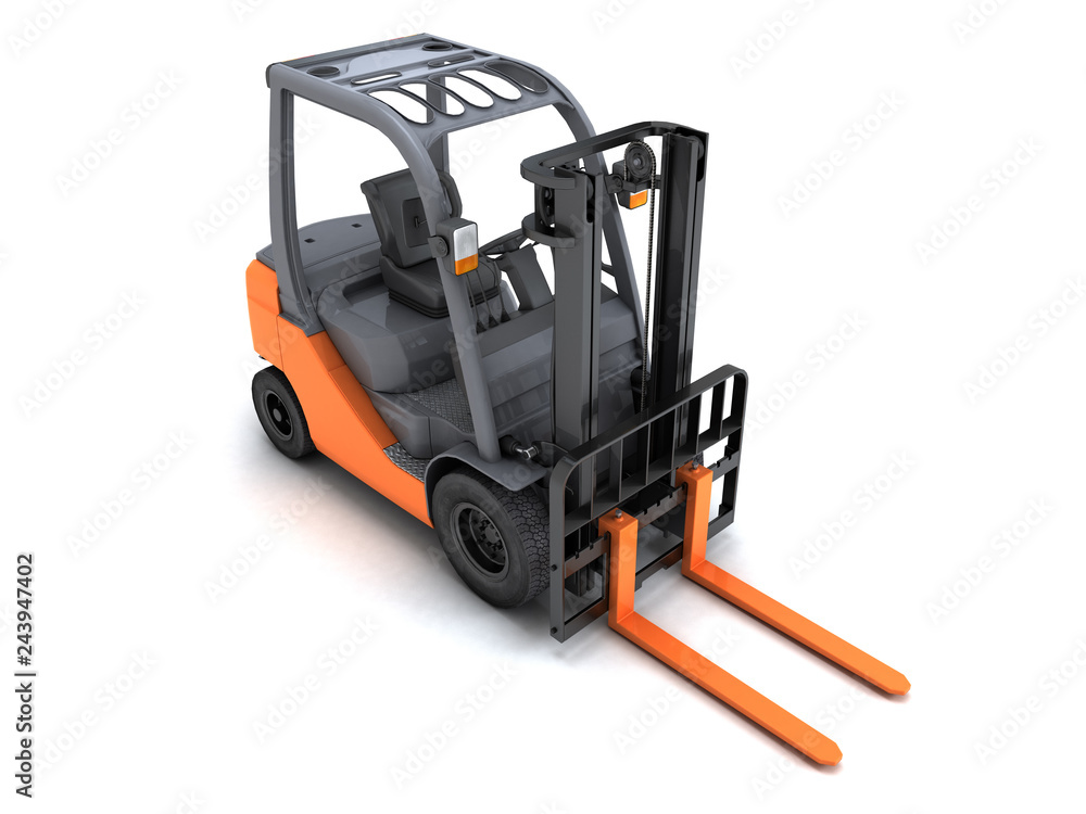 Perspective front view from above on the right side Idle forklift isolated on white background. 3d render. Perspective front view from above on the right side Idle forklift isolated on white background. 3d render.