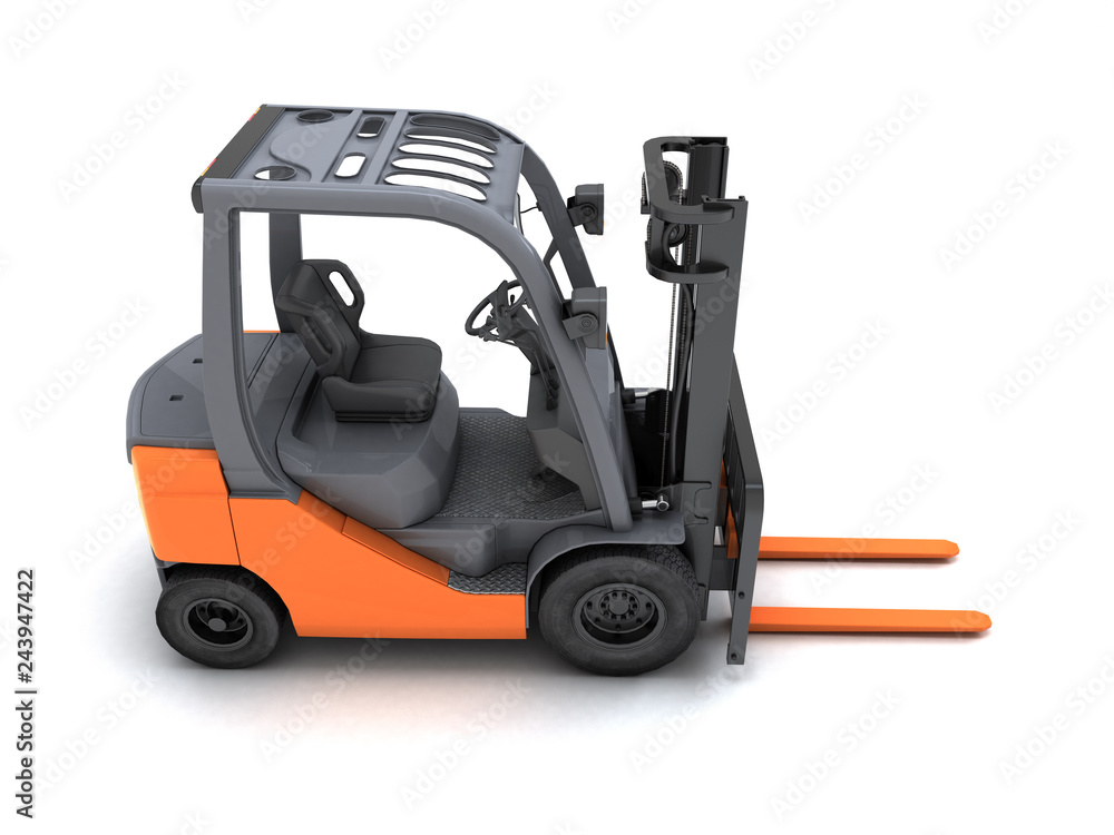 High angle view on the right side Idle forklift isolated on white background. 3d render.