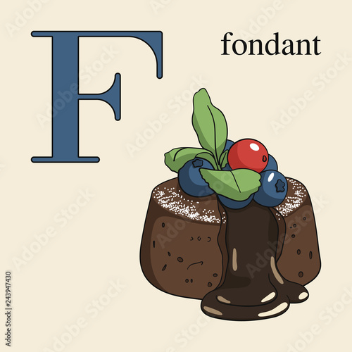 Letter F with fondant. Illustrated English alphabet with sweets.