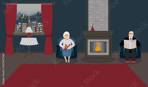 A couple of elderly people are sitting by the fireplace in a beautiful cozy blue living room. Woman with cute little pug on his knees, a man in a suit is reading a newspaper. Vector illustration
