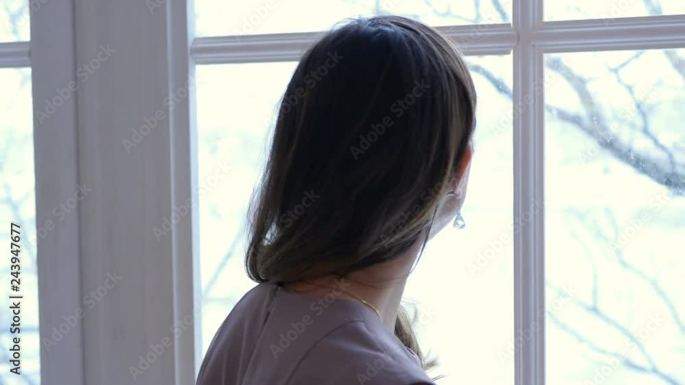 Portrait of attractive young woman looking through window at winter landscape Portrait of attractive young woman looking through window at winter landscape