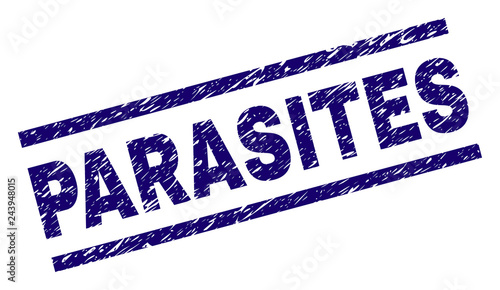 PARASITES seal print with distress style. Blue vector rubber print of PARASITES tag with scratched texture. Text tag is placed between parallel lines.