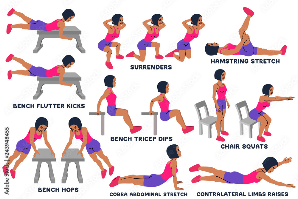 Vetor de Bench flutter kicks. Surrenders. Hamstring stretch. Bench