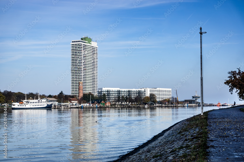 Lubeck-Travemünde in autumn with views of the new apartments and hotel buildings seen from the priwal
