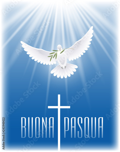 Happy Easter in Italian. White flying dove with olive branch and cross. Vector illustration.