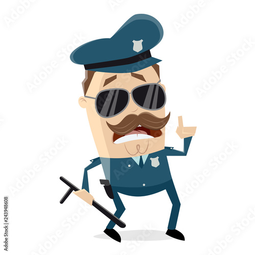 funny cartoon policeman with truncheon is giving important information