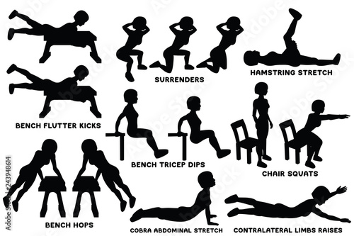 Bench flutter kicks. Surrenders. Hamstring stretch. Bench biceps dips. Chair squats. Bench hops. Cobra abdominal stretch. Contralateral limbs raises. Sport exersice. 