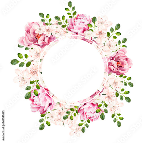Beautiful bright watercolor wreath wih peony flowers.