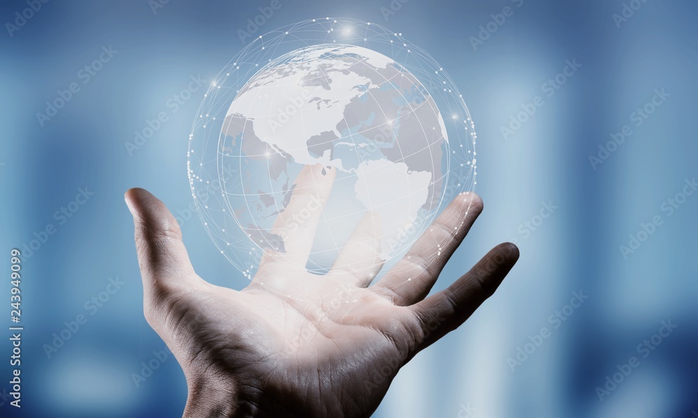 Businessman holding in hand with global connection concept. Businessman holding in hand with global connection concept.