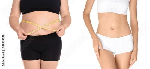 Young woman before and after weight loss on white background, closeup