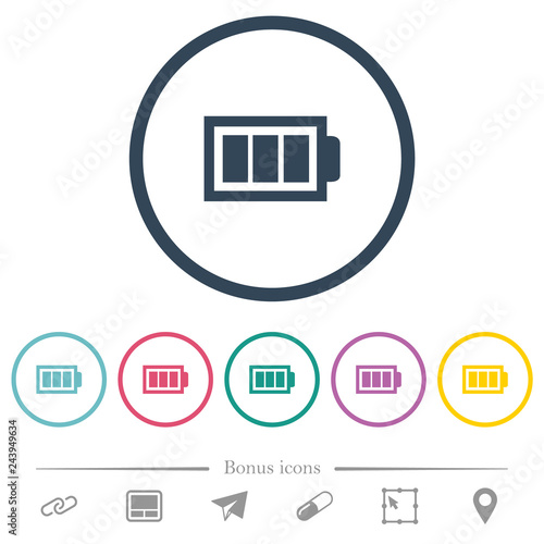 Full battery with three load units flat color icons in round outlines