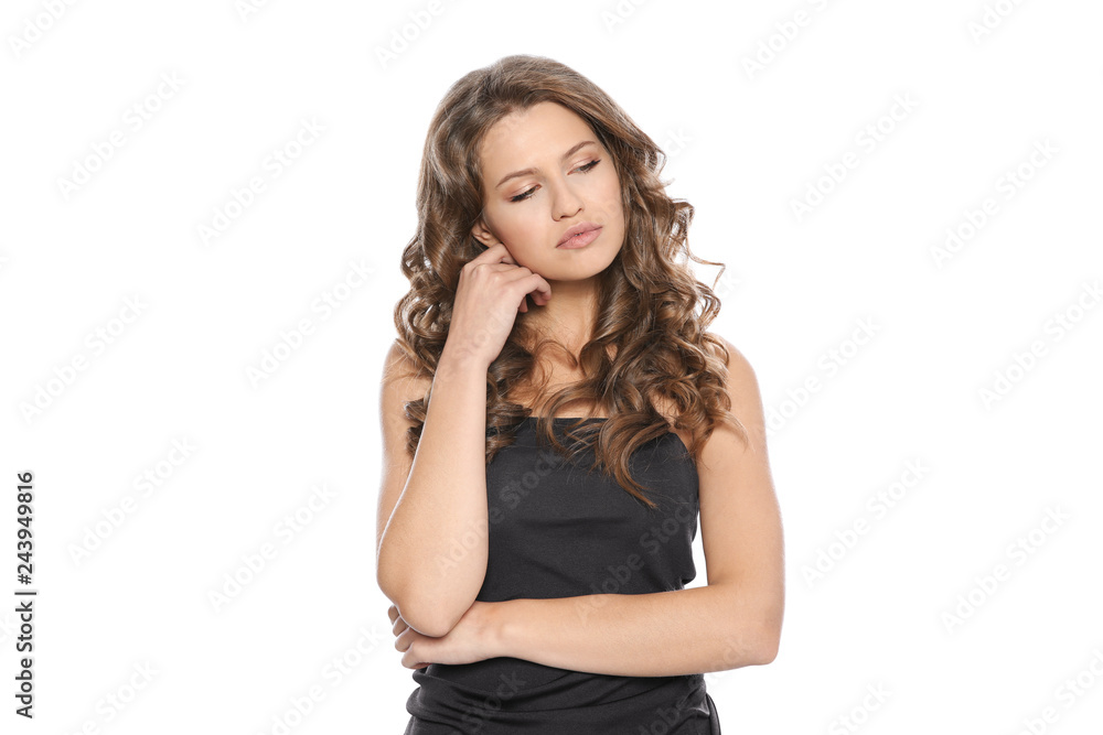 Portrait of beautiful young woman with shiny wavy hair on white background Portrait of beautiful young woman with shiny wavy hair on white background