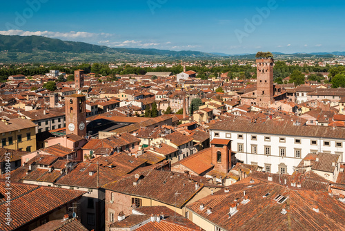 Aerial view of Lucca, in Tuscany; the tower on the right is called "Torre Guinigi"