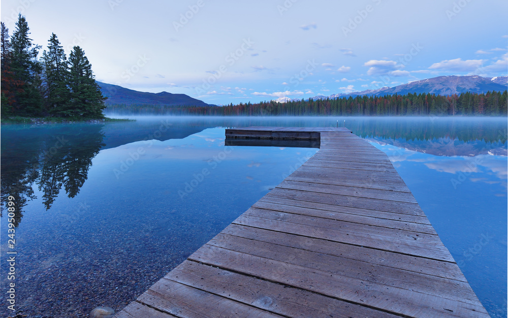 Peaceful Annette Lake before sunrise, Jasper National Park, Alberta, Canada