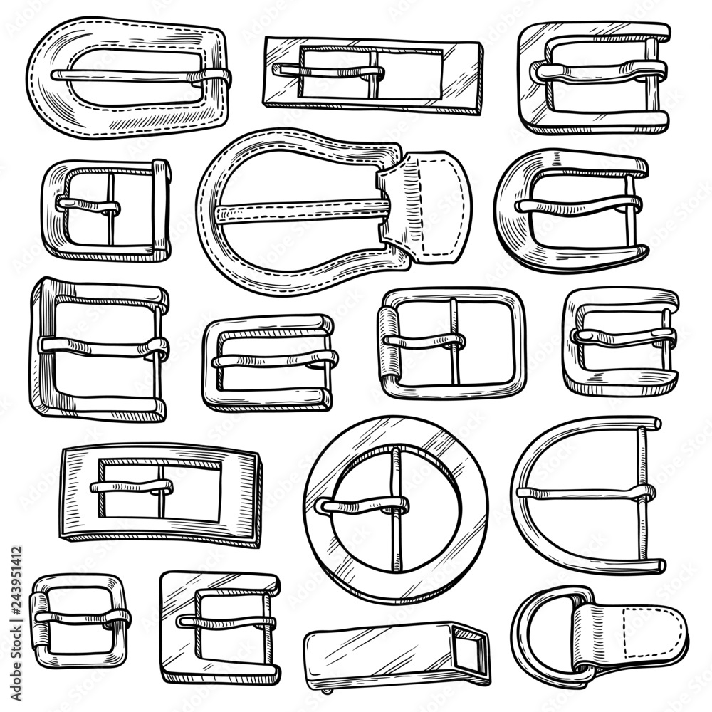 Set of 17 hand drawn metal buckles for belts etc. Vector isolated ...