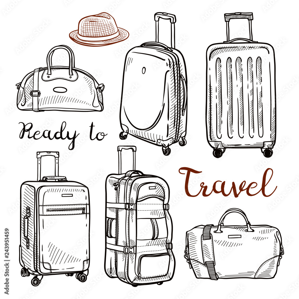 Luggage bag illustration, drawing, engraving, ink, line art, vector Stock  Vector