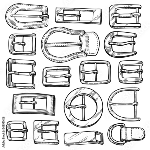 Set of 17 hand drawn metal buckles for belts etc. Vector isolated illustration. Sketch style