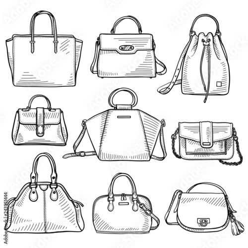 Set of 9 sketches of ladies' handbags. Fashion accessories. Hand drawn vector illustration. Isolated photo