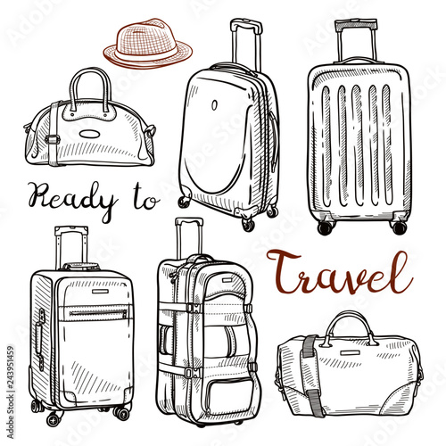 Set of hand drawn sketches of travel luggage: handbags, suitcases, travel bags. Vector ink isolated illustration