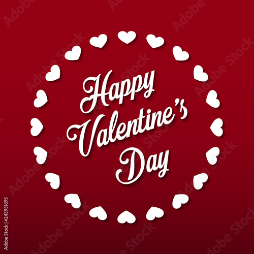 Happy Valentine's day hand lettering on red background. Vector graphics. Circle heart. Romantic card, greeting card, invitation, banner template.