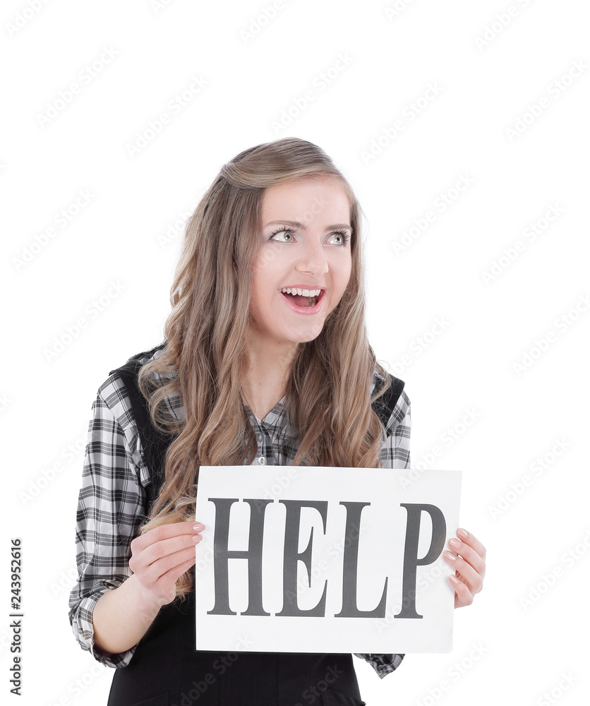 young business woman showing a sheet that says HELP young business woman showing a sheet that says HELP