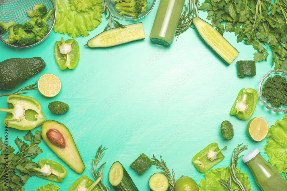 Green vegetables on a green background. Composition of detox and healthy  nutrition, healthy food diets and sports. Banner for design, top view.  Flat-lay Stock Photo | Adobe Stock