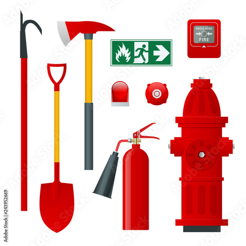 Fire safety and protection. Flat icons extinguisher, hose, flame, hydrant, protective helmet, alarm, axe, shovel, conical bucket and exit sign. Vector illustration
