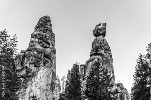 Mayor and his wife. Sandstone rock formation in Adrspach Rocks, Czech Republic. Black and white image.