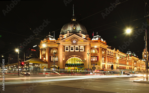 Melbourne's Flinders Street Railway Station at night.