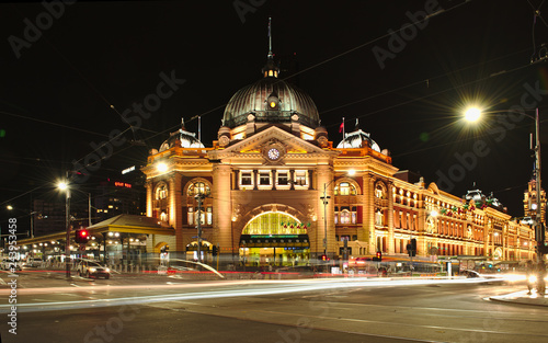 Melbourne's Flinders Street Railway Station at night.