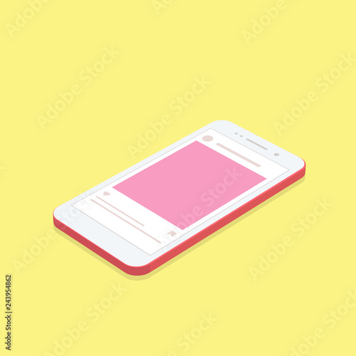 isometric concept smartphone with social network application background.