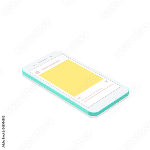 isometric concept smartphone with social network application background.