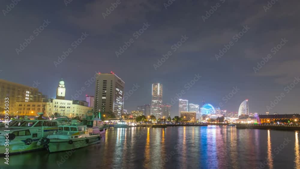 Timelapse of Night Seascape at Port City of Yokohama -Long Shot- Timelapse of Night Seascape at Port City of Yokohama -Long Shot-